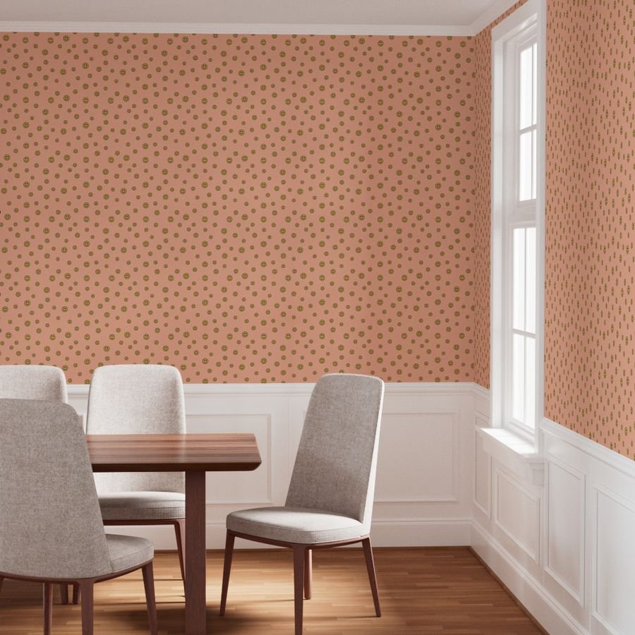 Retro Yellow Smiley Faces on Peach Interior Collection Decor Collection pastel orange wallpaper