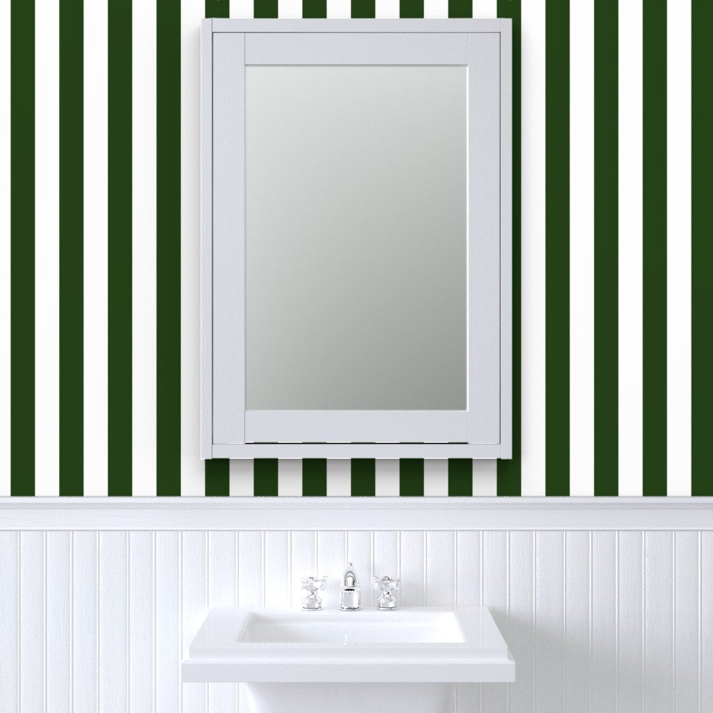 Forest Green and White Wide 2-inch Cabana Tent Vertical Stripes Wallpaper cabana stripes wallpaper
