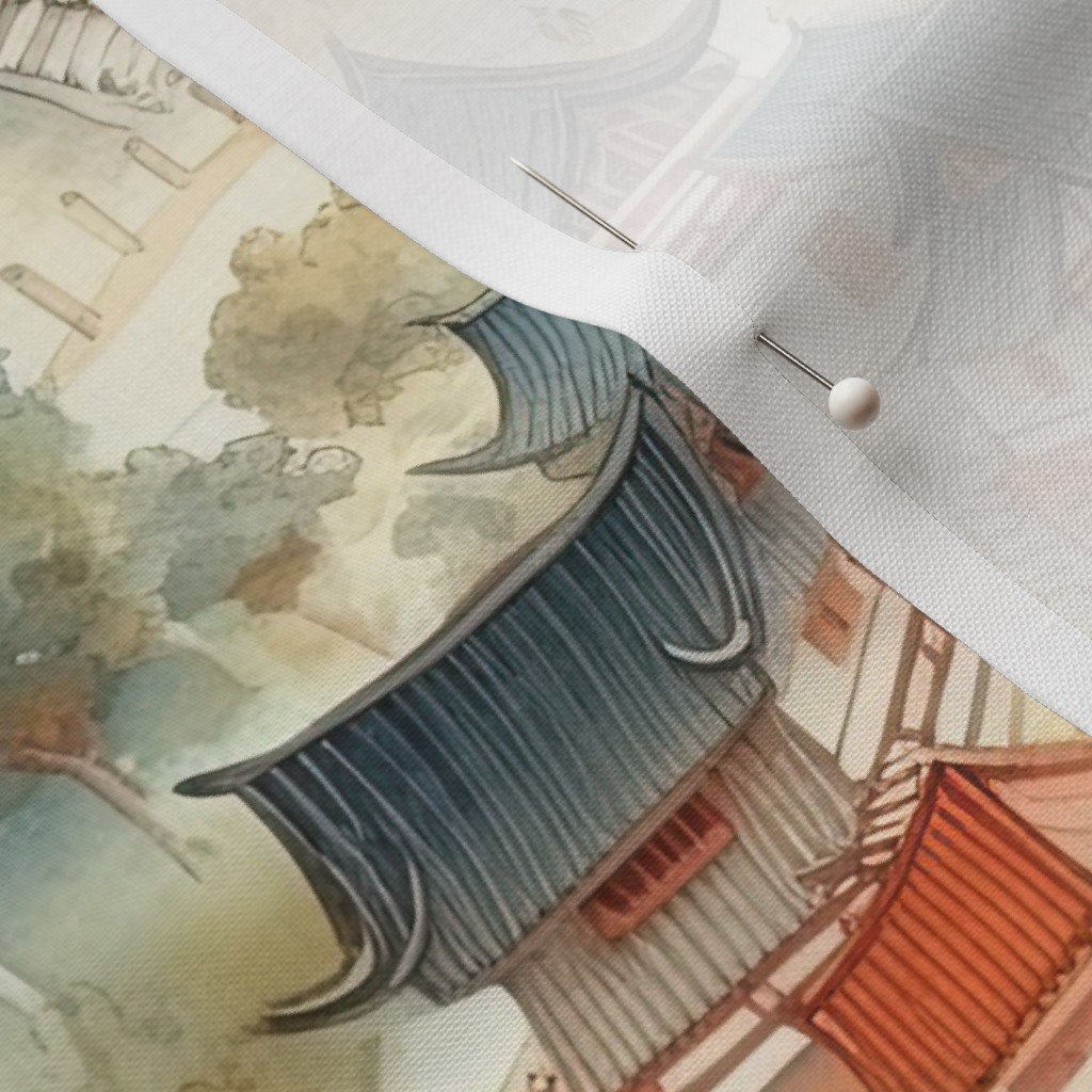 Small Chinese Village in Forest Watercolor Fabric ancient china fabric