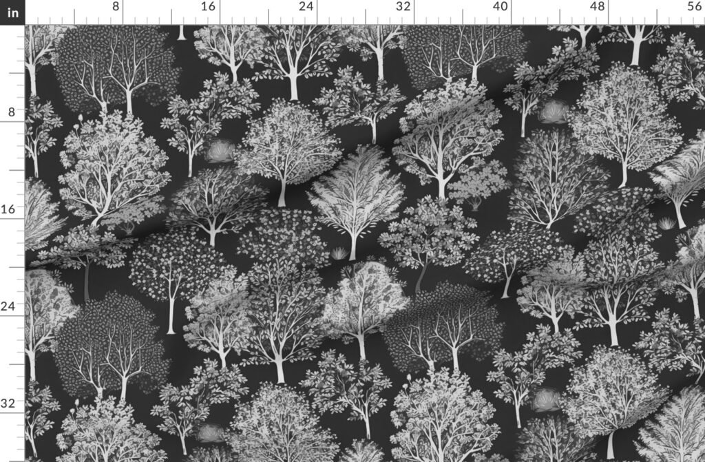 New England Endless Forest Trees Winter in Grey Porcelain Glaze Fabric design