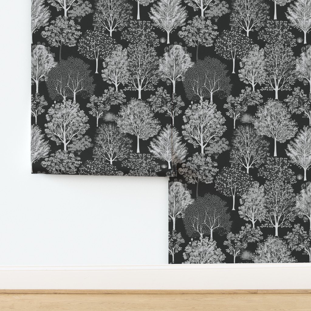 New England Endless Forest Trees Winter in Grey Porcelain Glaze Wallpaper design