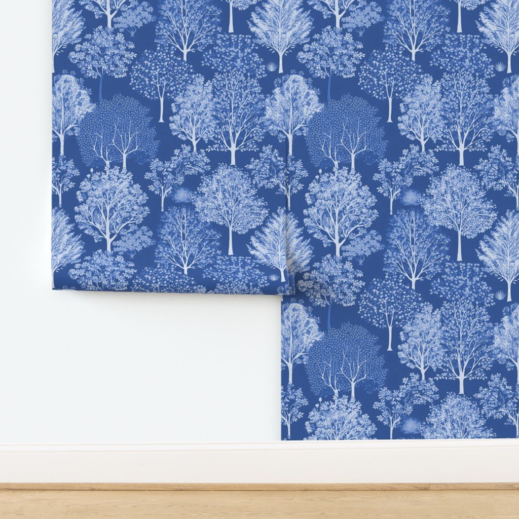 New England Endless Forest Trees Winter Light Blue Porcelain Glaze Wallpaper design