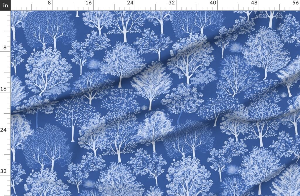 New England Endless Forest Trees Winter Light Blue Porcelain Glaze Fabric design