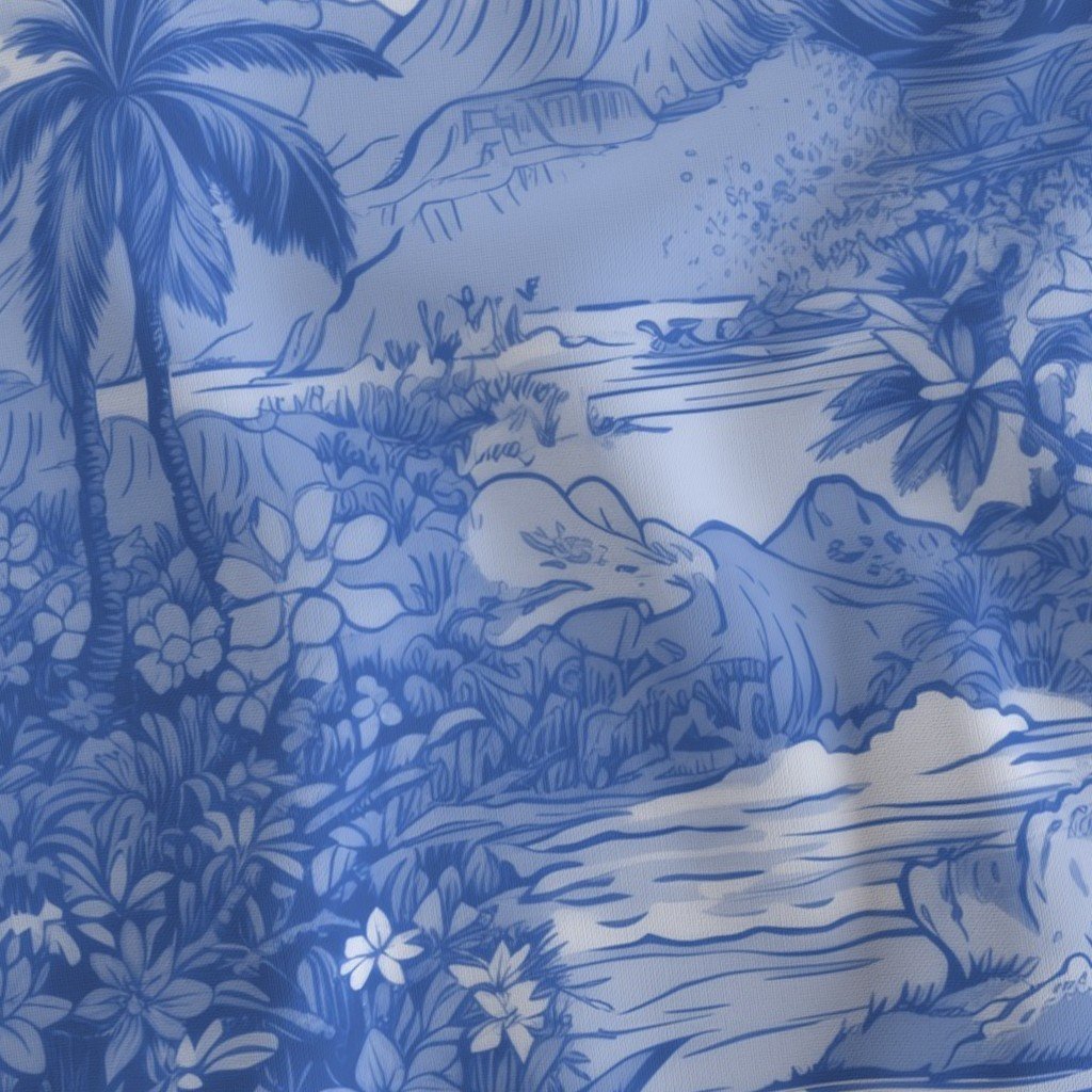 Vintage Hawaiian Landscape in Light Blue Porcelain Glaze Fabric hawaiian islands fabric