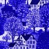 New England Village Houses with Trees in Royal Blue Porcelain Glaze