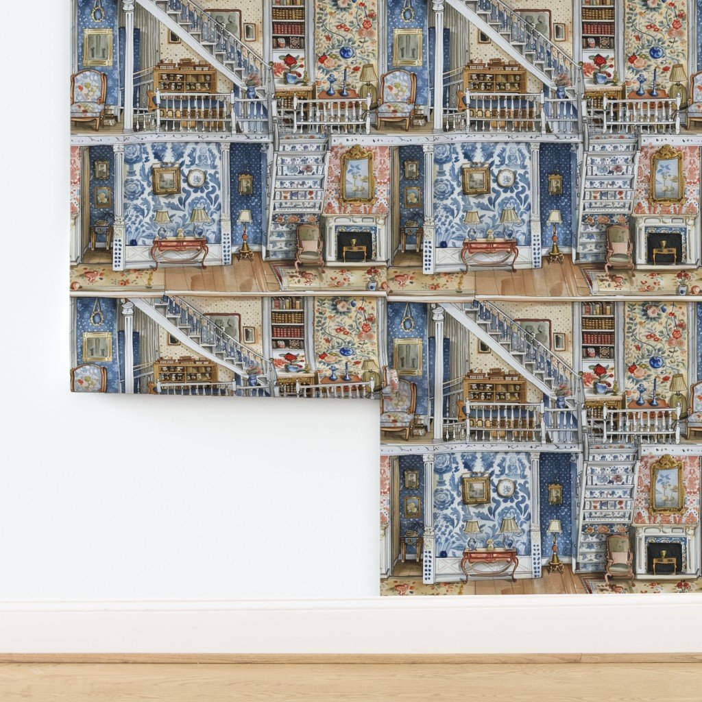 Victorian Dollshouse with Period Decor in Watercolor 2 Interior Collection design