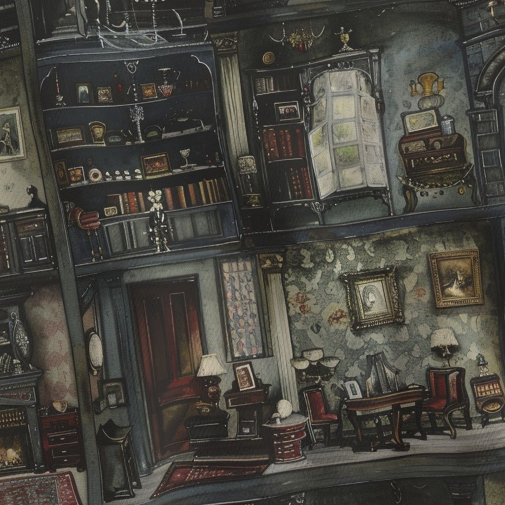 Victorian Gothic Dollshouse with Dark Academia Watercolor Decor 3 Fabric design fabric