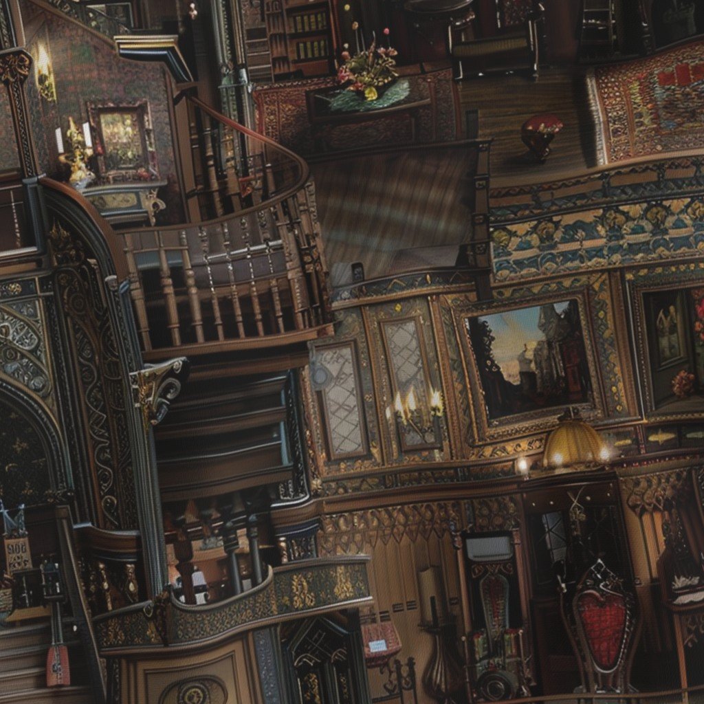Victorian Gothic Haunted Dollshouse with Dolls in Dark Academia Fabric dark academia fabric
