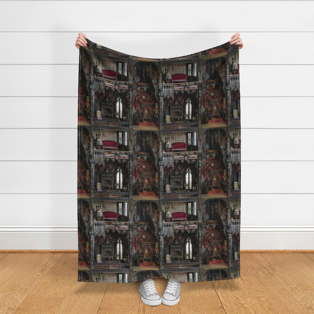 Victorian Gothic Haunted Dollshouse with Dolls in Dark Academia Fabric dark academia fabric