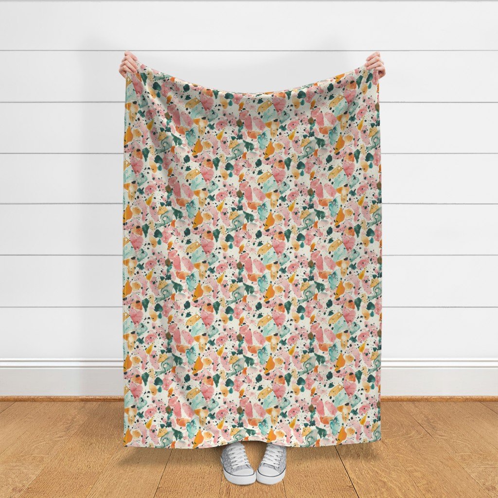 Orange Rose and Aqua Watercolor Terrazzo Splashes Fabric orange terrazzo fabric