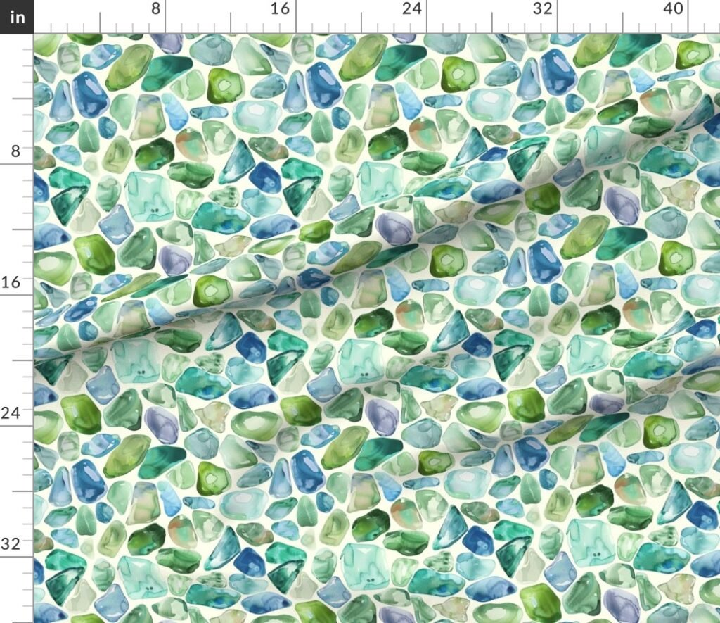 Blue and Green Shards of Tumbled and Scattered Watercolor Seaglass Fabric design