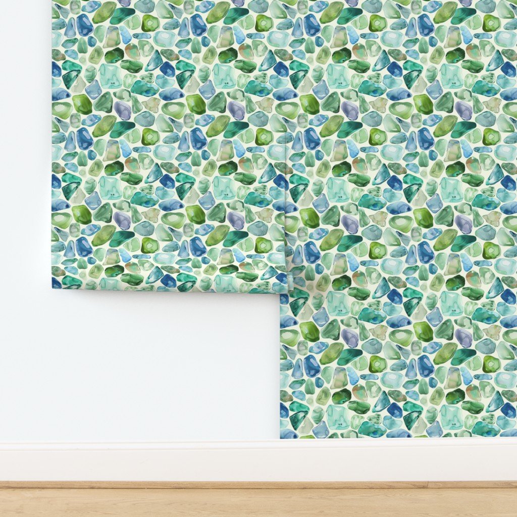 Blue and Green Shards of Tumbled and Scattered Watercolor Seaglass Wallpaper design