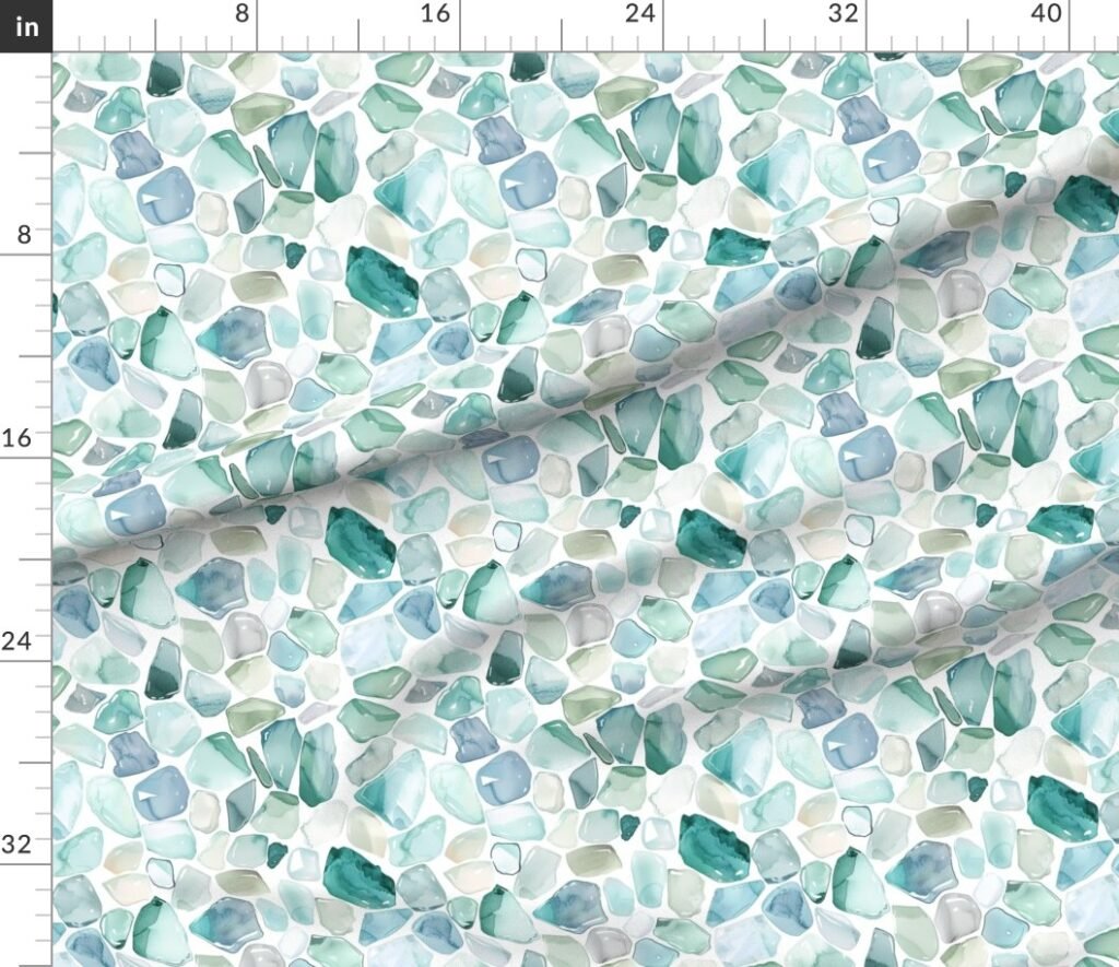 Blue and Aqua Shards of Tumbled and Scattered Watercolor Seaglass Fabric design