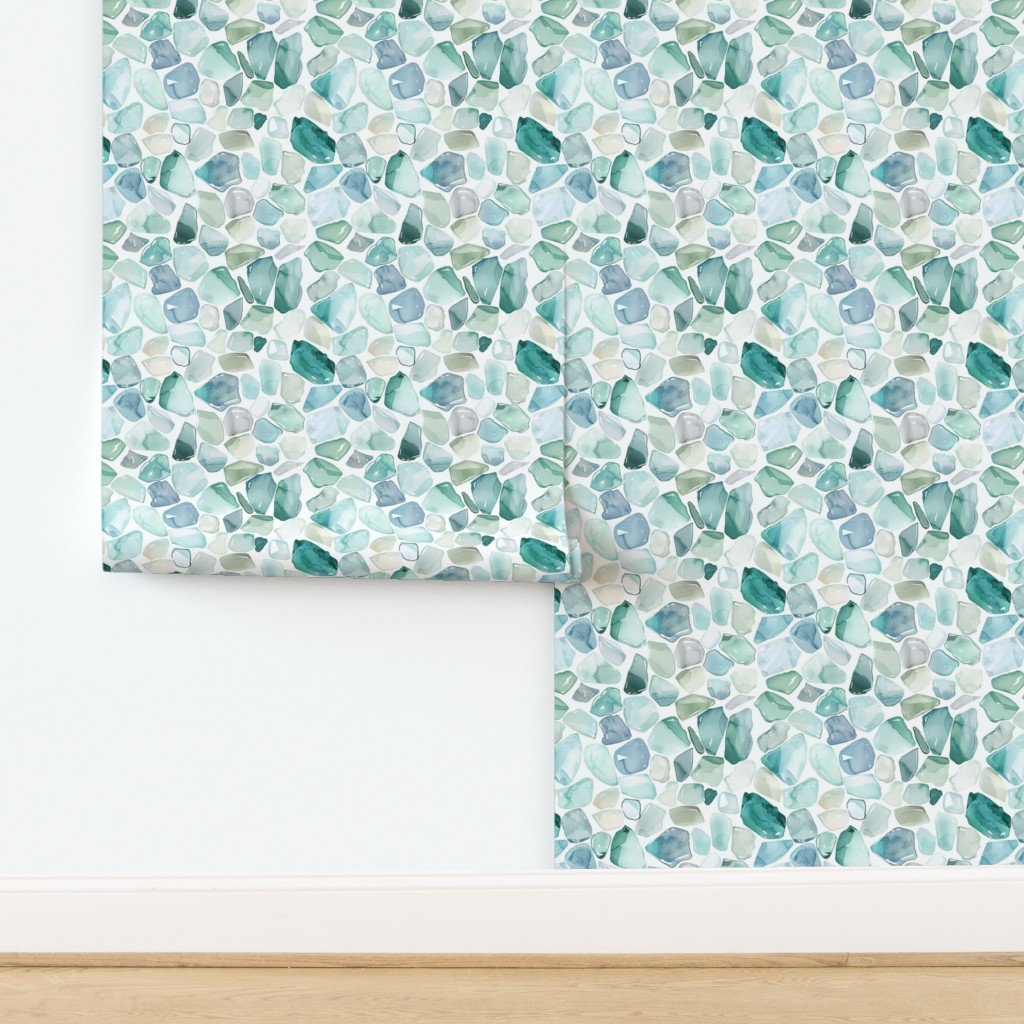 Blue and Aqua Shards of Tumbled and Scattered Watercolor Seaglass Wallpaper design