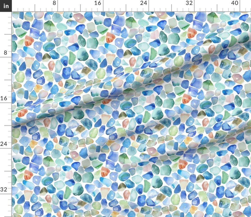 Blue Toned Shards of Tumbled and Scattered Watercolor Seaglass Fabric design