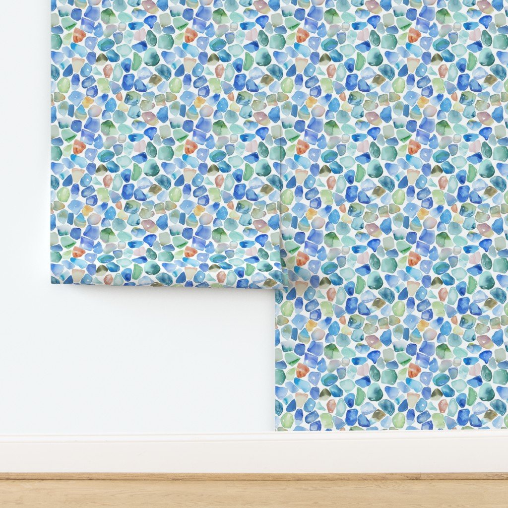Blue Toned Shards of Tumbled and Scattered Watercolor Seaglass Wallpaper design