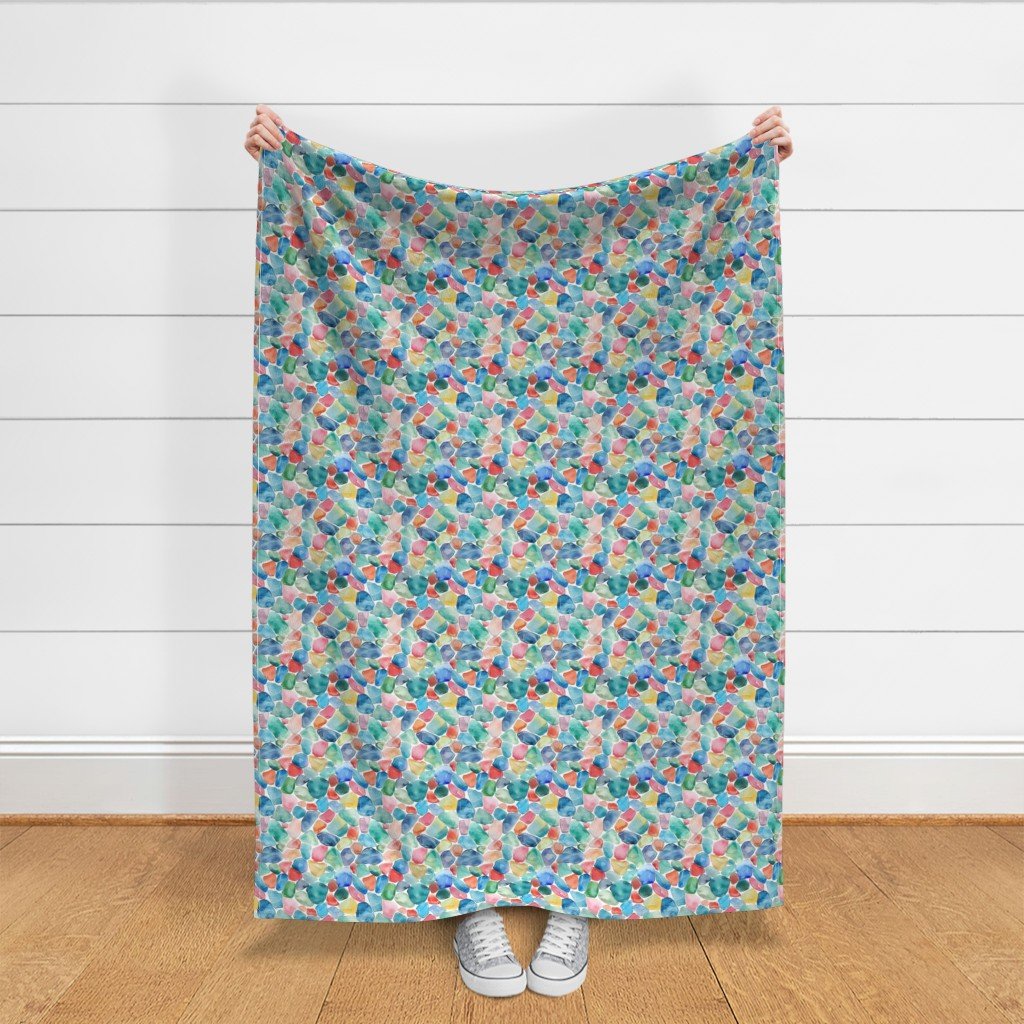 Blue and Multicolor Shards of Tumbled and Scattered Watercolor Fabric blue multi seaglas fabric