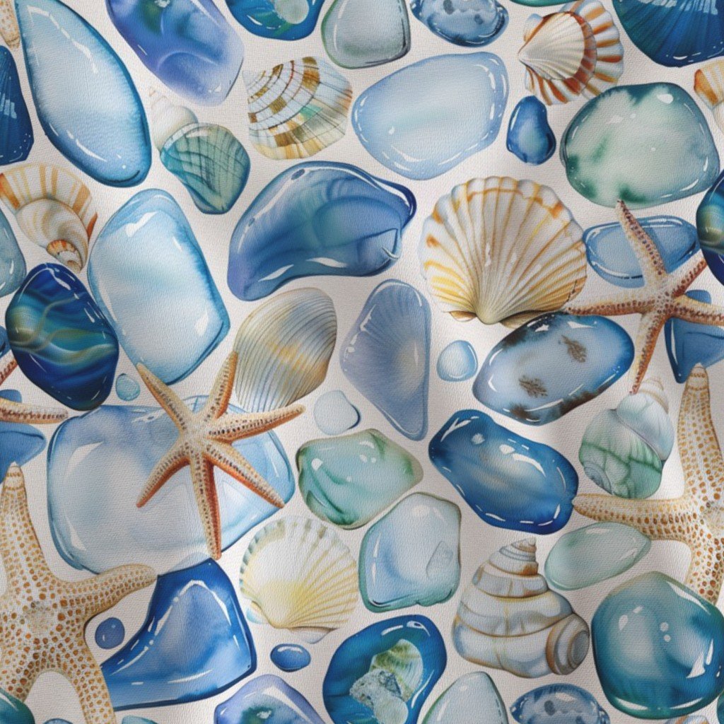 Blue and Sand Seashells and Shards of Tumbled and Scattered Watercolor Home Decor Collection Home Decor Collection shell repeat fabric