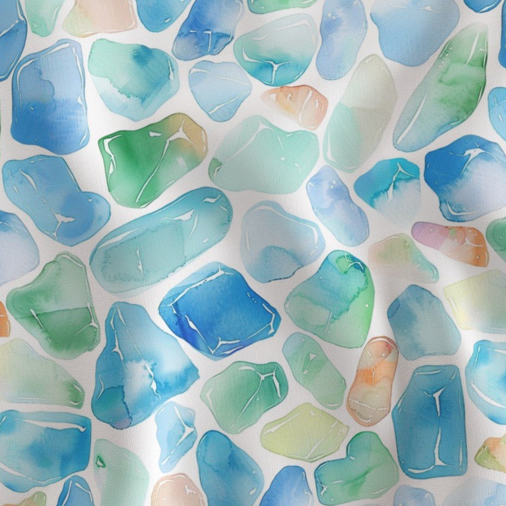 Blue and Green Shards of Tumbled and Scattered Watercolor Seaglass Fabric blue green seaglas fabric