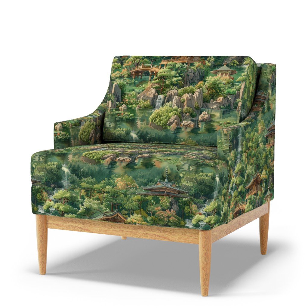 Zen Garden Haven Waterfalls Amidst Verdant Greenery Fabric asian architecture fabric
