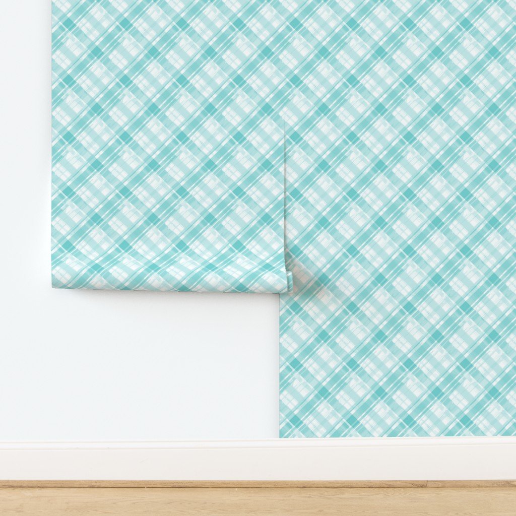 Faded Madras Diagonal Plaid in Aqua Wallpaper design