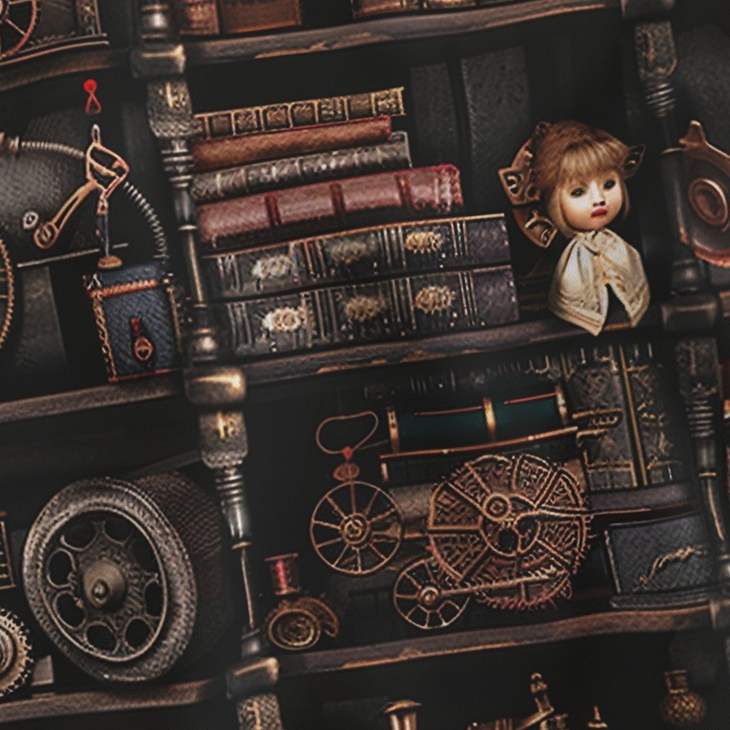 Steampunk Vintage Bookcase Gears Pipes and Antique Treasures Fabric antique trains fabric