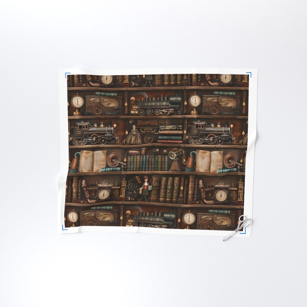 Vintage Steampunk Bookcase with Antique Trains and Books Fabric antique trains fabric