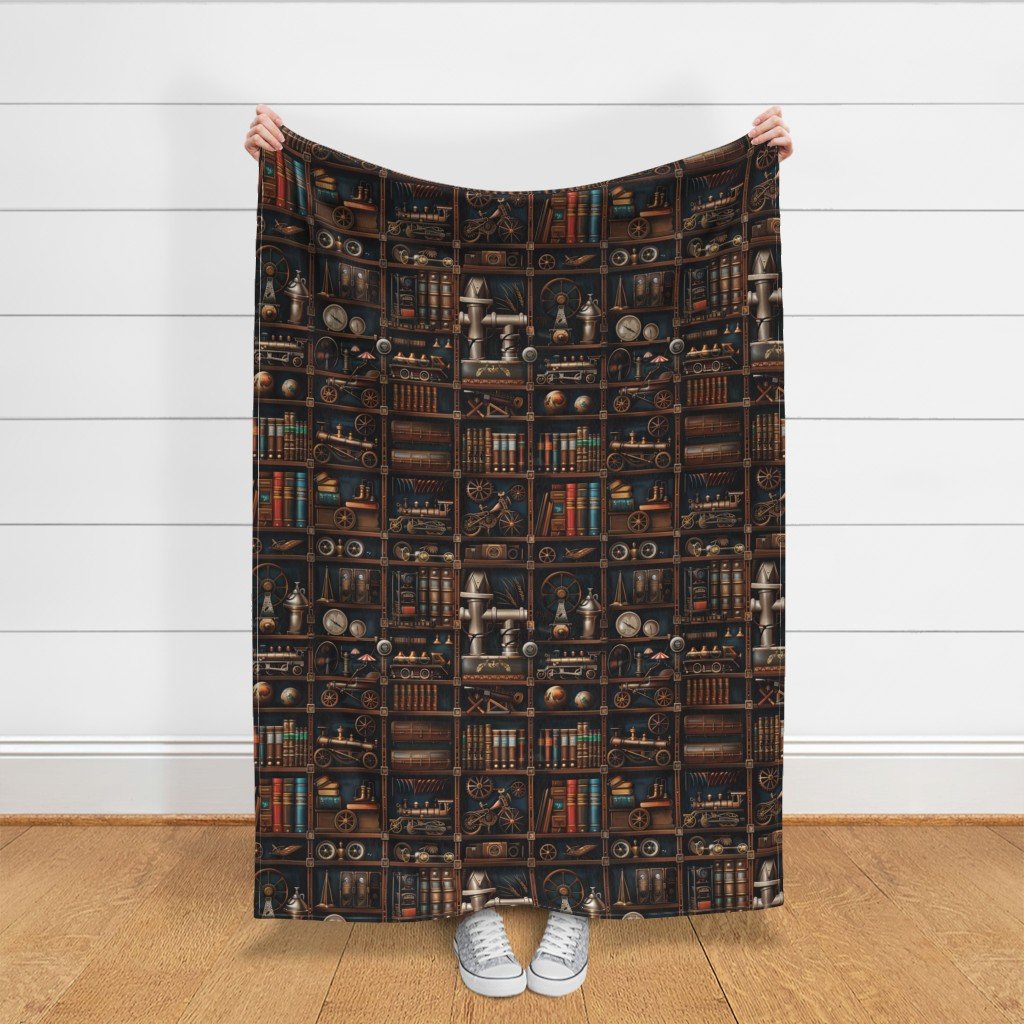 Vintage Steampunk Bookcase with Intricate Mechanical Wonders Fabric scientific instrumen fabric