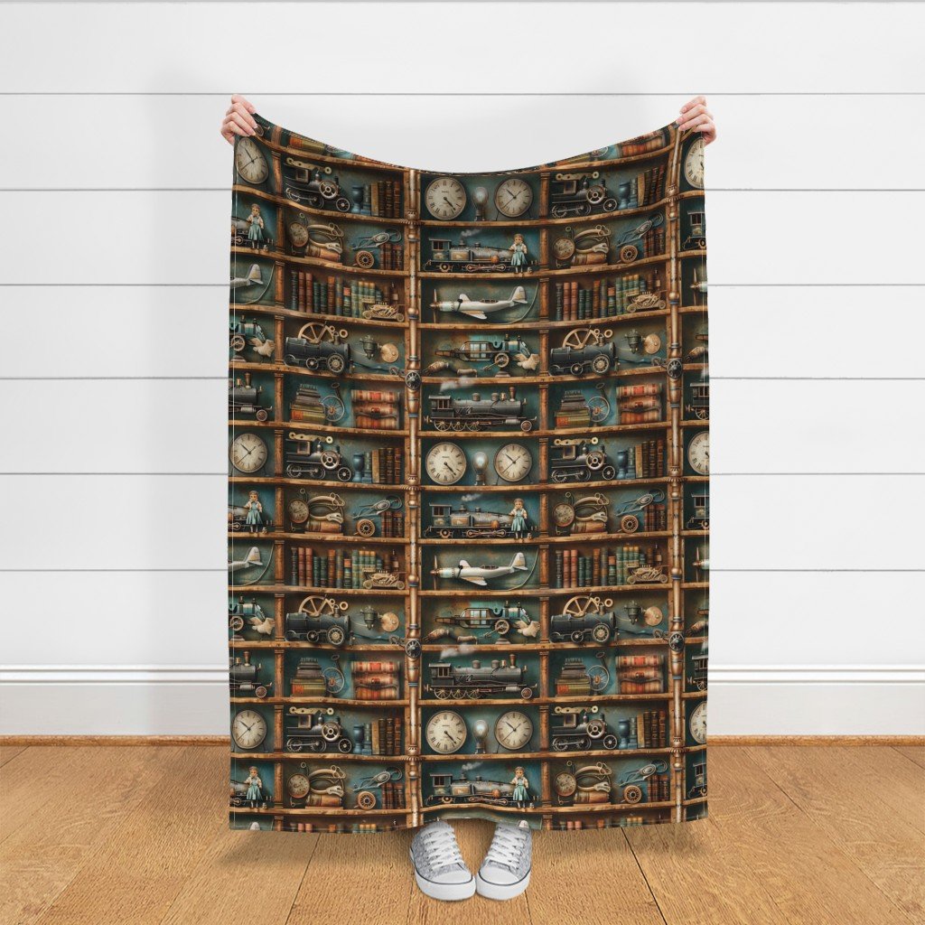 Vintage Steampunk Bookcase with Trains Gears and Clocks Fabric aged metal fabric