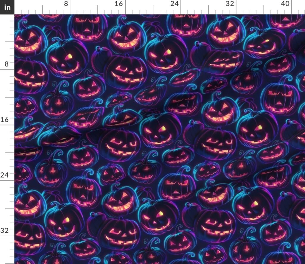 Neon Orange Halloween Pumpkins Glowing in the Dark Fabric design