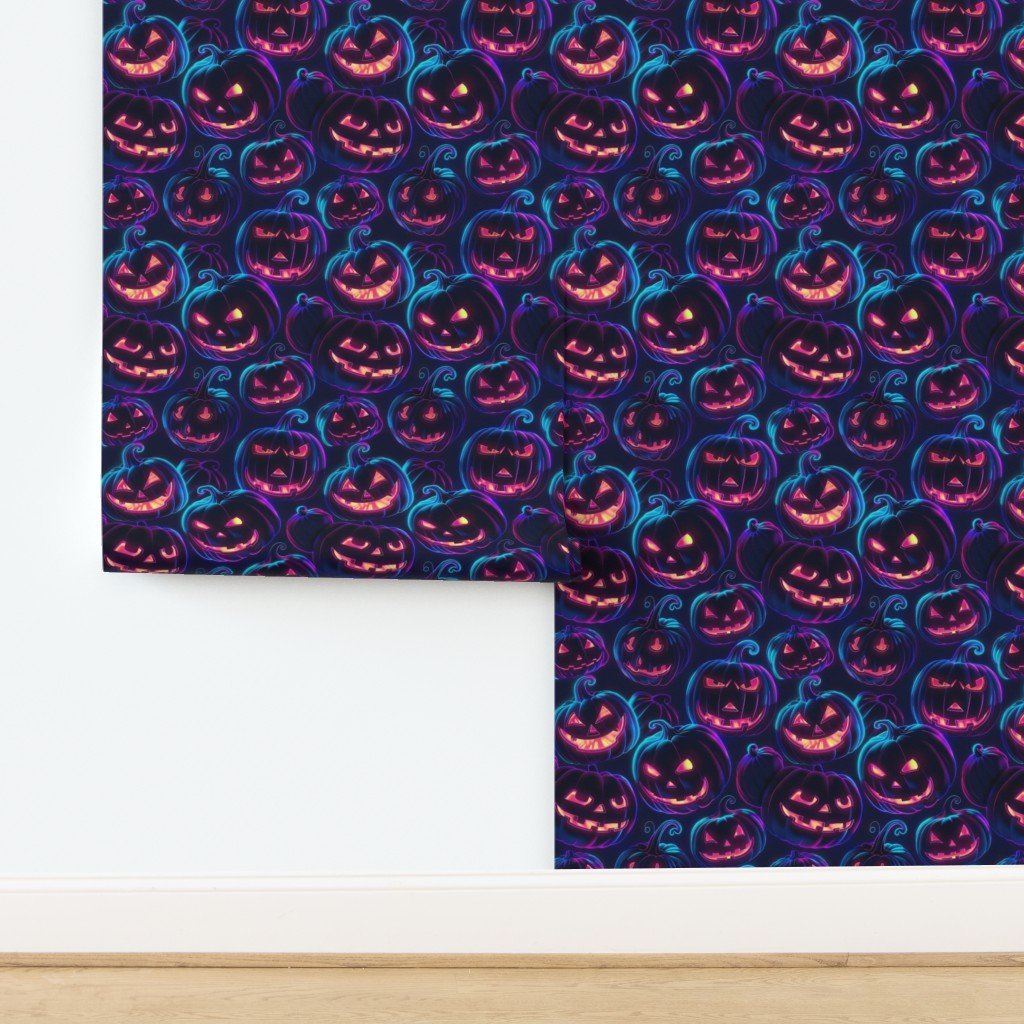 Neon Orange Halloween Pumpkins Glowing in the Dark Wallpaper design