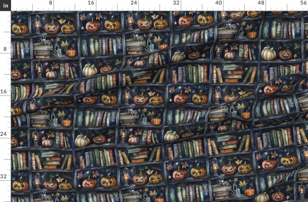Dark Halloween Bookcase with Jack-O'-Lanterns and Spooky Books Fabric design