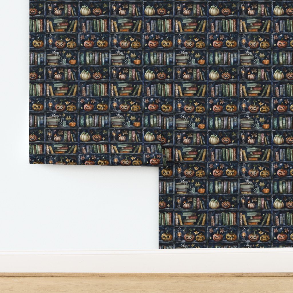 Dark Halloween Bookcase with Jack-O'-Lanterns and Spooky Books Wallpaper design