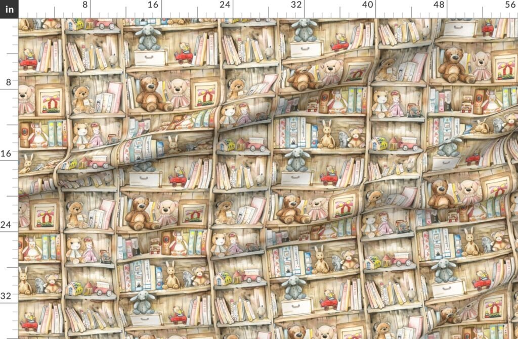 Vintage Bookcase with Teddy Bears and Toys for Kids' Room in Fabric design