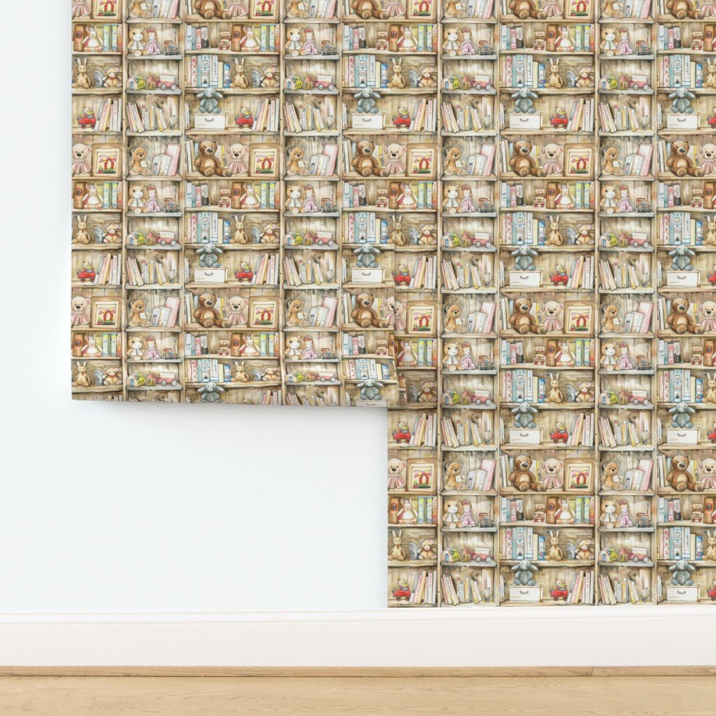 Vintage Bookcase with Teddy Bears and Toys for Kids' Room in Wallpaper design