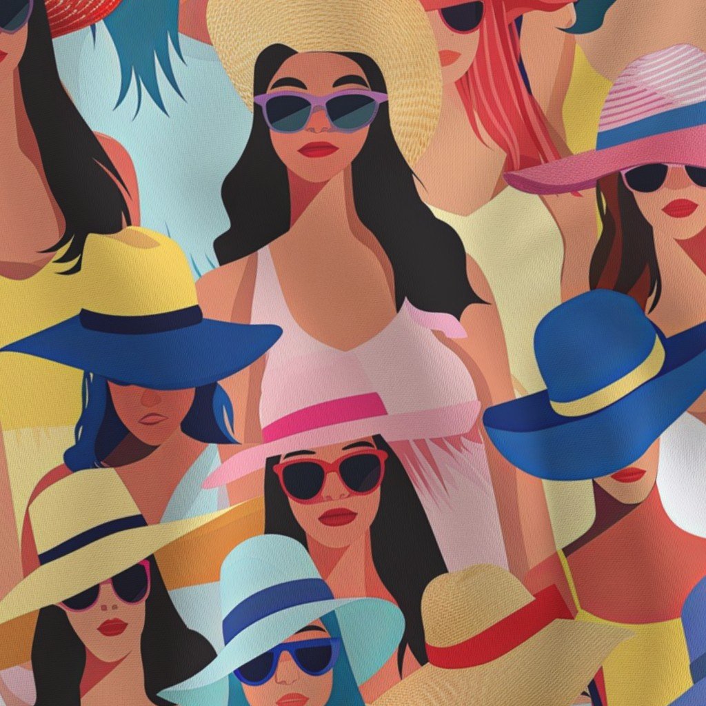 Women at the Beach in Summer in Sunhats and Suits Large Scale Bright Fabric beach scene fabric