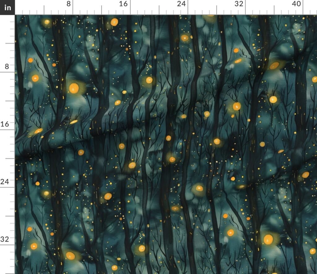 Large Mystic Firefly Forest A Glow in the Dark Fabric design