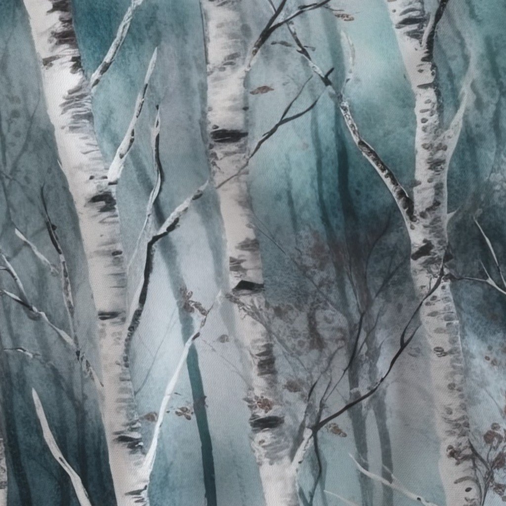 Endless Silver Birch Tree Dreamscape in Misty Teal and Soft Red Fabric birch fabric