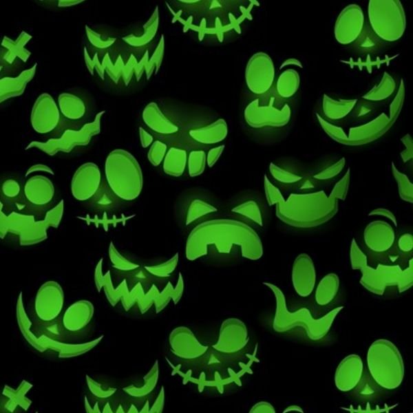 Mini Grinning Halloween Jack o Lantern Faces in Neon Green on Black Design Collection Interior Collection green and black fabric design