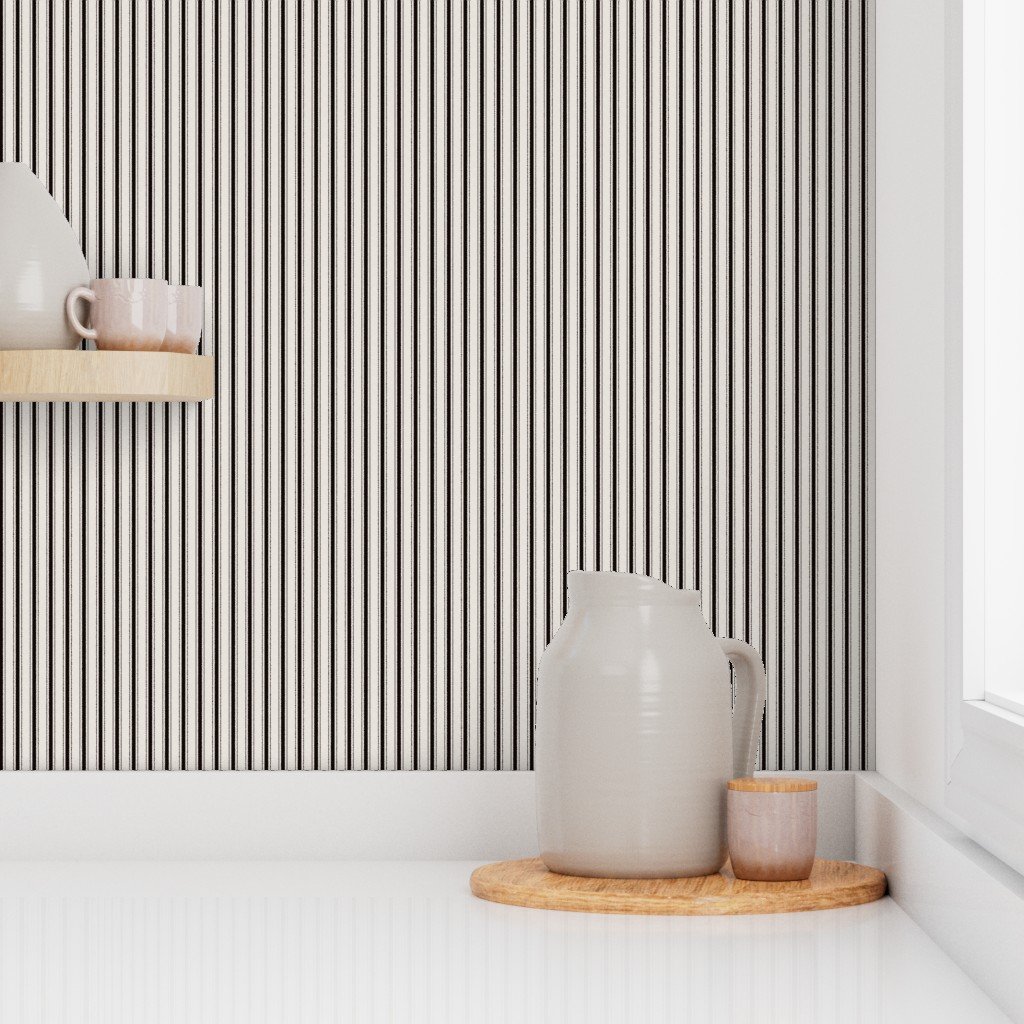 Micro Coal Black Antique Vintage Mattress Ticking Stripe on Cream Wallpaper antique wallpaper
