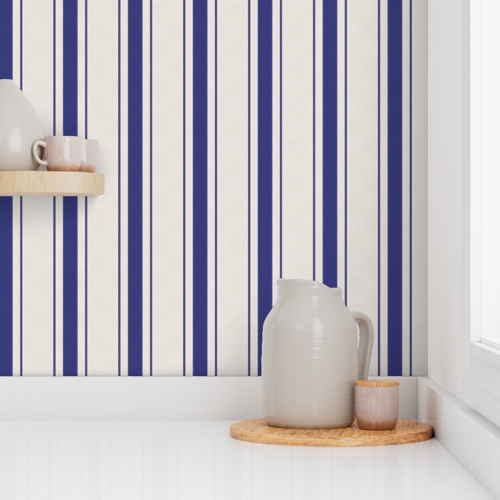Medium Cornflower Blue Antique Vintage Mattress Ticking Stripe on Cream Home Decor Collection Home Styling Collection blue ticking wallpaper