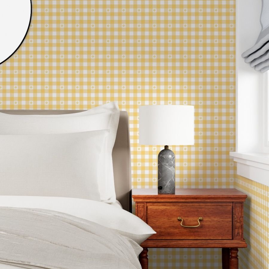 Buttercup Yellow and White Gingham Check with Center Floral Medallions in Home Decor Collection Home Styling Collection floral motif wallpaper