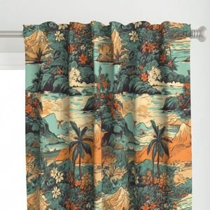 Vintage Hawaiian Landscape Teal Interior Collection Home Styling Collection old hawaii curtain design
