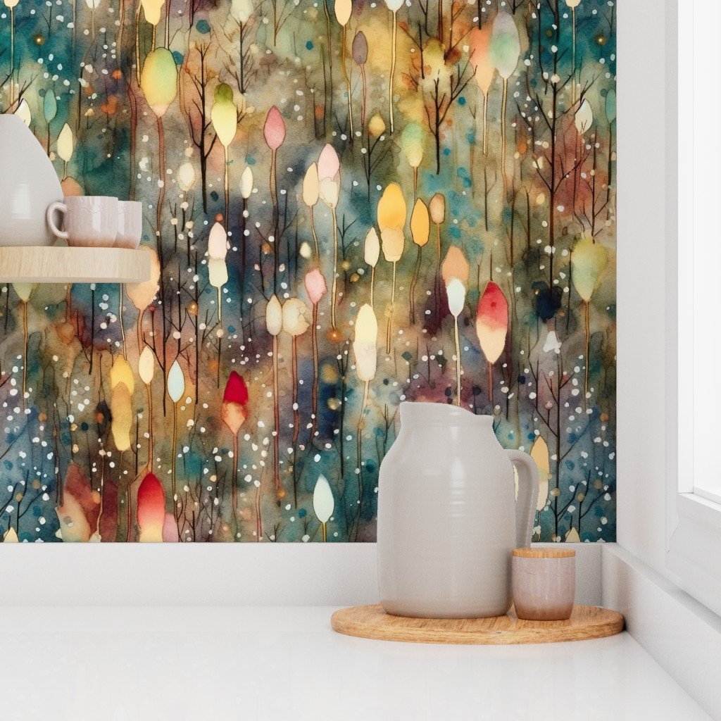 Watercolor Christmas Tree Farm with Christmas Lights Decor Collection Design Collection design wallpaper