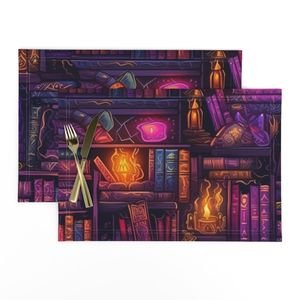 Witch Spooky Neon Halloween Books on Library Spell Book Shelf Home Decor Collection Decor Collection magic spells placemat design