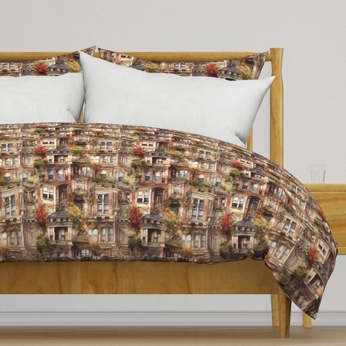 Brownstone Buildings in Varied Tones of Brown Watercolor Design Collection Interior Collection brownstone buildings duvet cover design