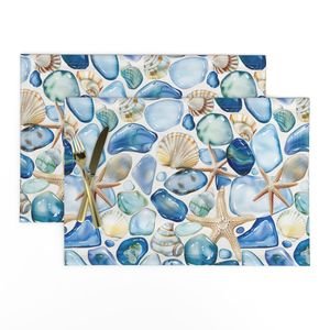 Blue and Sand Seashells and Shards of Tumbled and Scattered Watercolor Home Decor Collection Home Decor Collection seaglass pattern placemat design