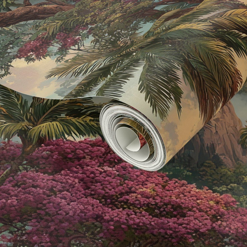 Vintage Hawaiian Watercolor Landscape with Misty Mountains and Palms Decor Collection Home Styling Collection coastal wallpaper