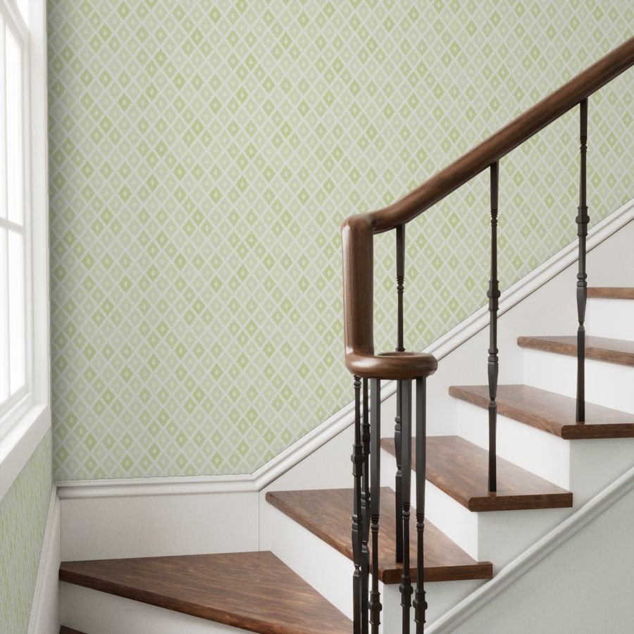 Small Sun Faded Mediterranean Diamond Pattern in Lime Sage Green Interior Collection Design Collection dusty green wallpaper