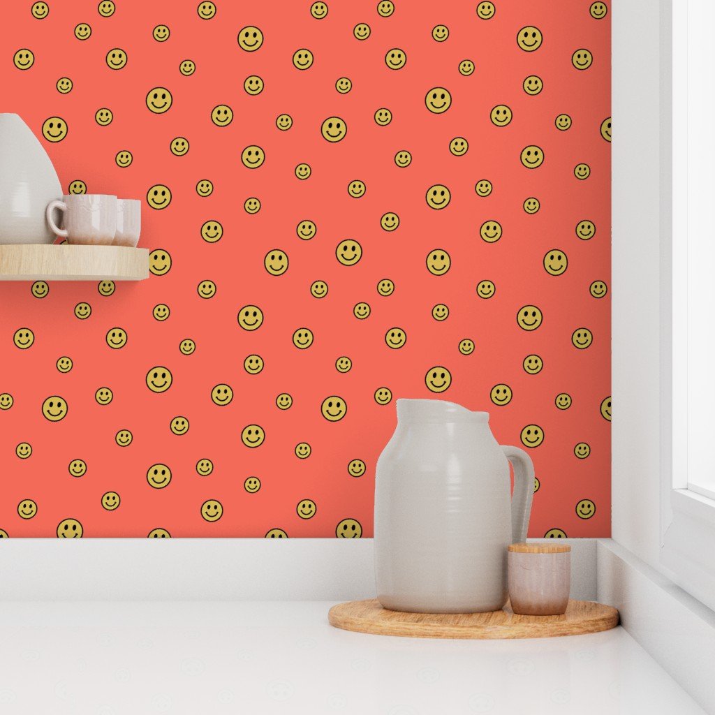 Retro Yellow Smiley Faces on Coral Decor Collection Design Collection smiley face wallpaper